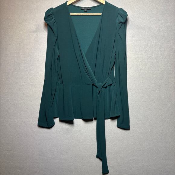 INC Wrap Blouse XL Teal Green Peplum Tie Waist Deep V Puff Sleeve Chic Retro - Picture 1 of 8